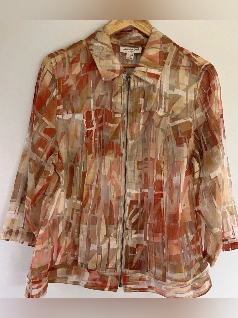 Coldwater Creek Sheer Mesh Gold Beige Coral Orange Zip Up Jacket 1X 16W 18 W